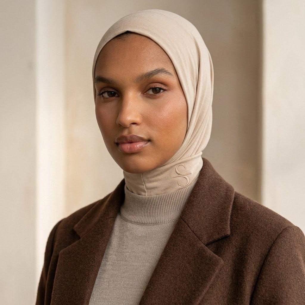 Femme portant le hijab Sienna nude avec un col roulé et un manteau marron